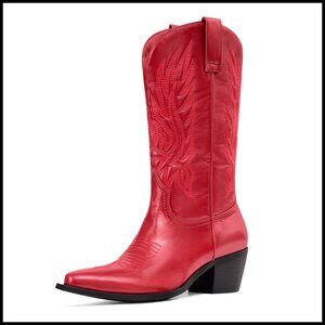 Women's Embroidered Mid-Calf Cowboy Boots with Chunky Heels